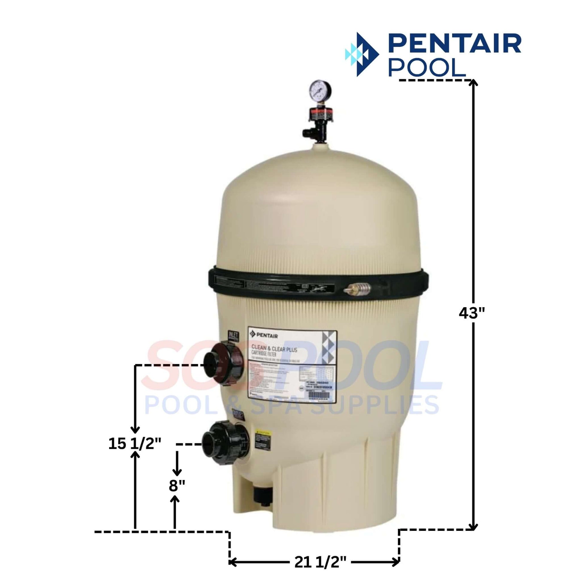 Pentair Clean & Clear Plus 320 Cartridge Pool Filter | EC-160340 side view, beige color with dimensions, ideal for medium-sized pools. SOS Pool supplies.