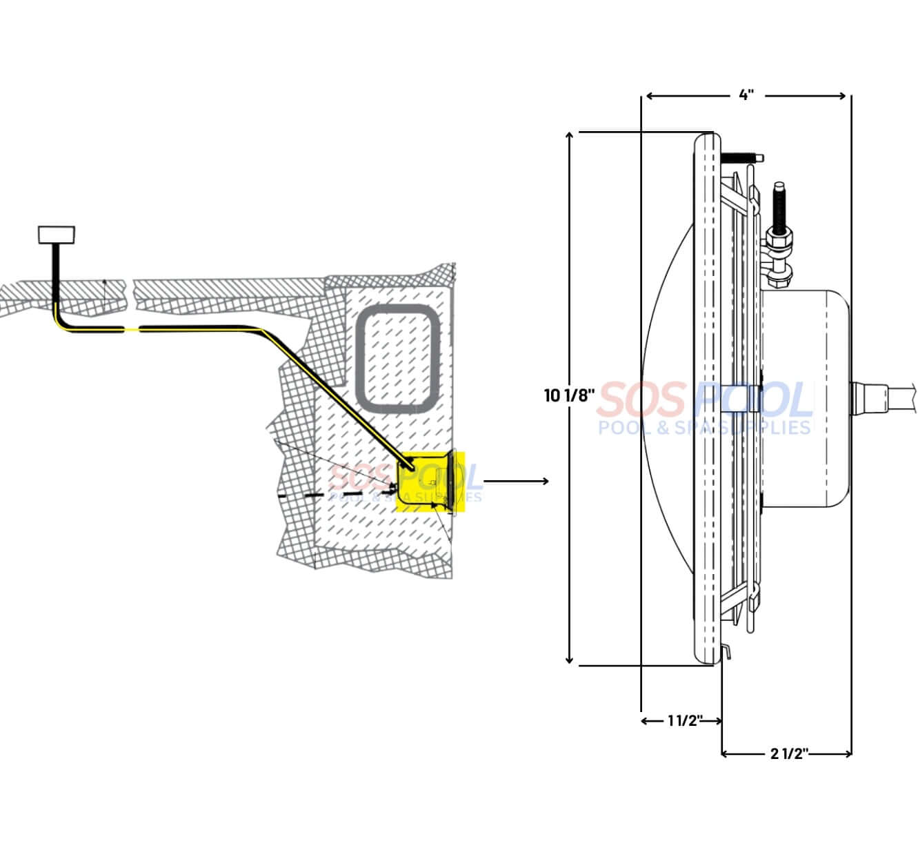 Diagram of Pentair Color LED Small Spa Light 5G IntelliBrite installation with dimensions, from SOS Pool.