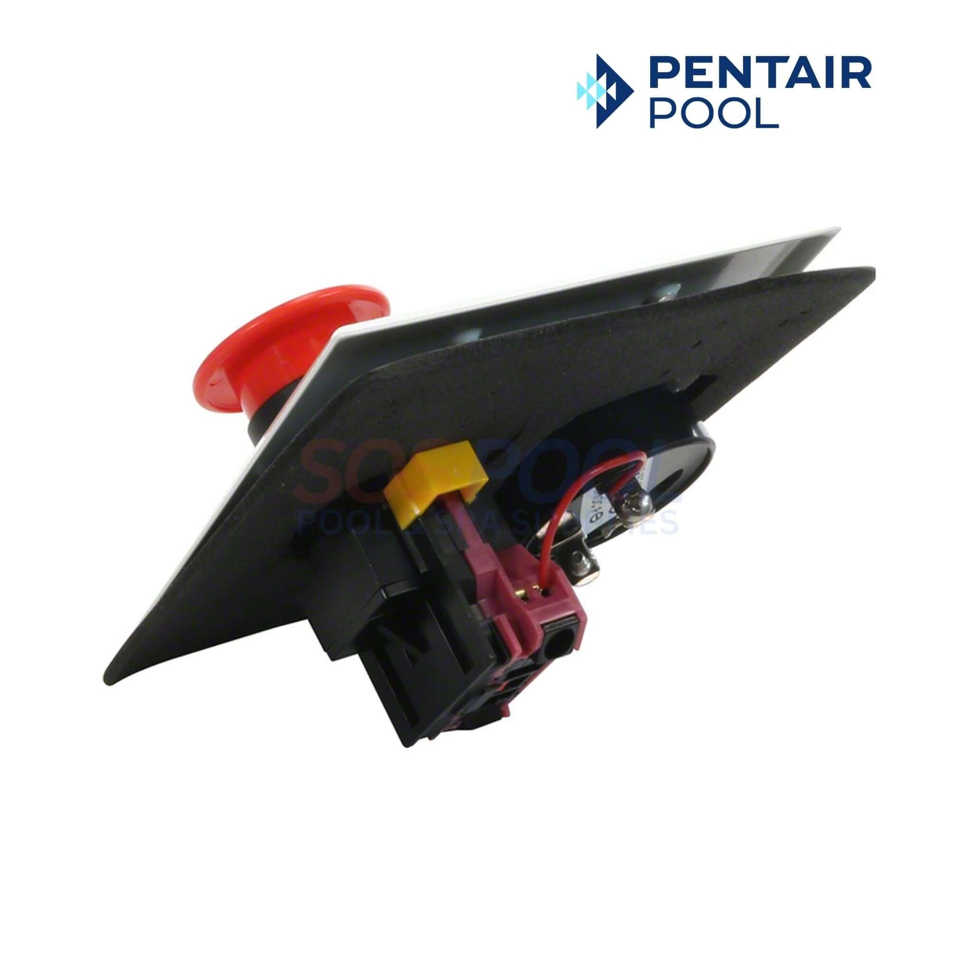 Pentair Emergency Shut Off Switch With Alarm | ESO2, red emergency button, side view, designed for pool safety, SOS Pool supplies.