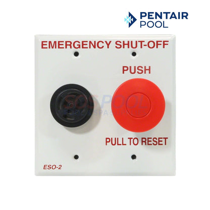 Pentair Emergency Shut Off Switch With Alarm | ESO2 featuring a prominent red emergency button, white panel, and black reset switch for pool safety.