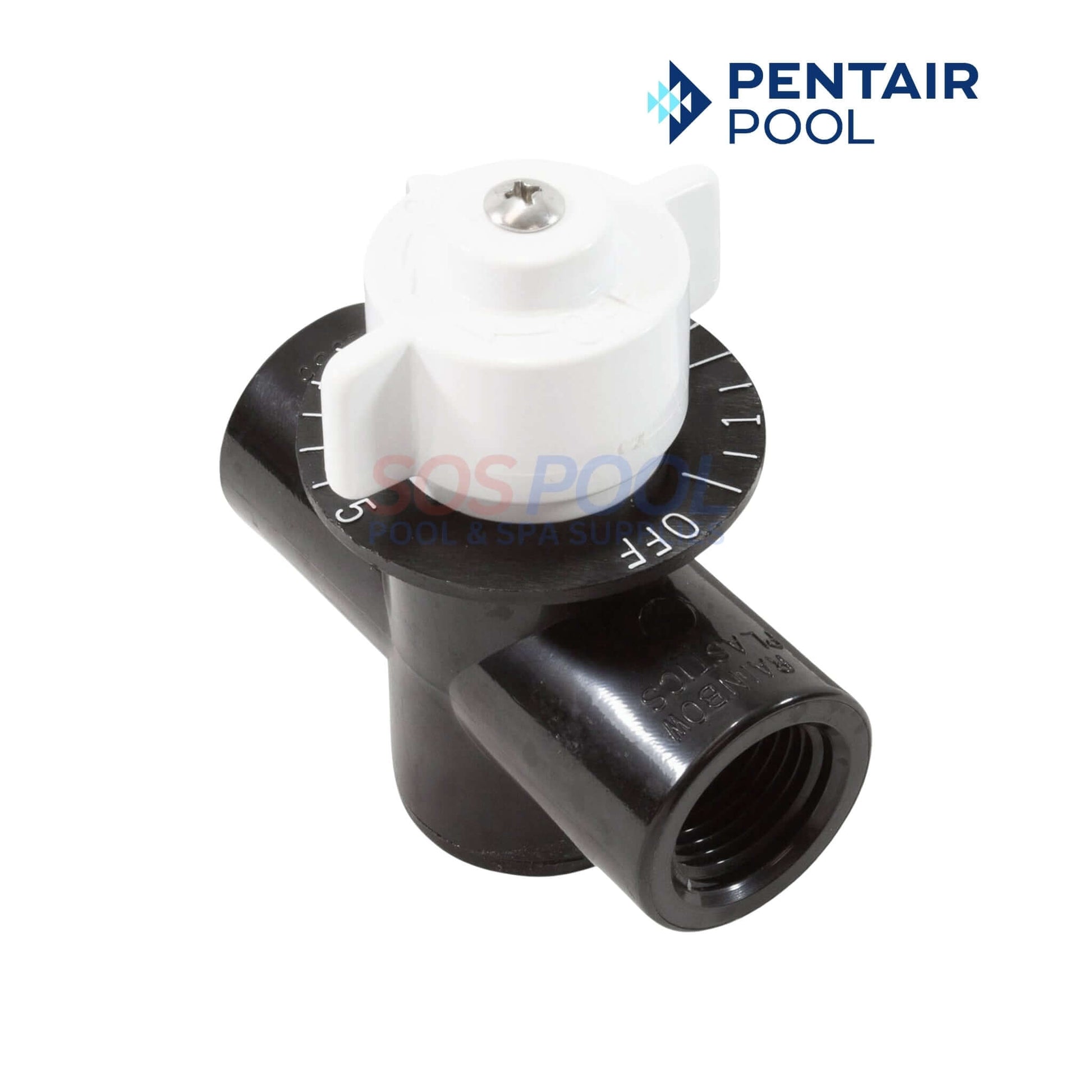 Pentair In Line Chlorinator 320 Control Valve | R172086, black valve with white knob, water flow regulation for pool supplies.