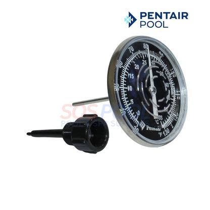 Pentair Inline Thermometer with Nylon Well for precise pool temperature, 30-130°F dual readings, available at SOS Pool.