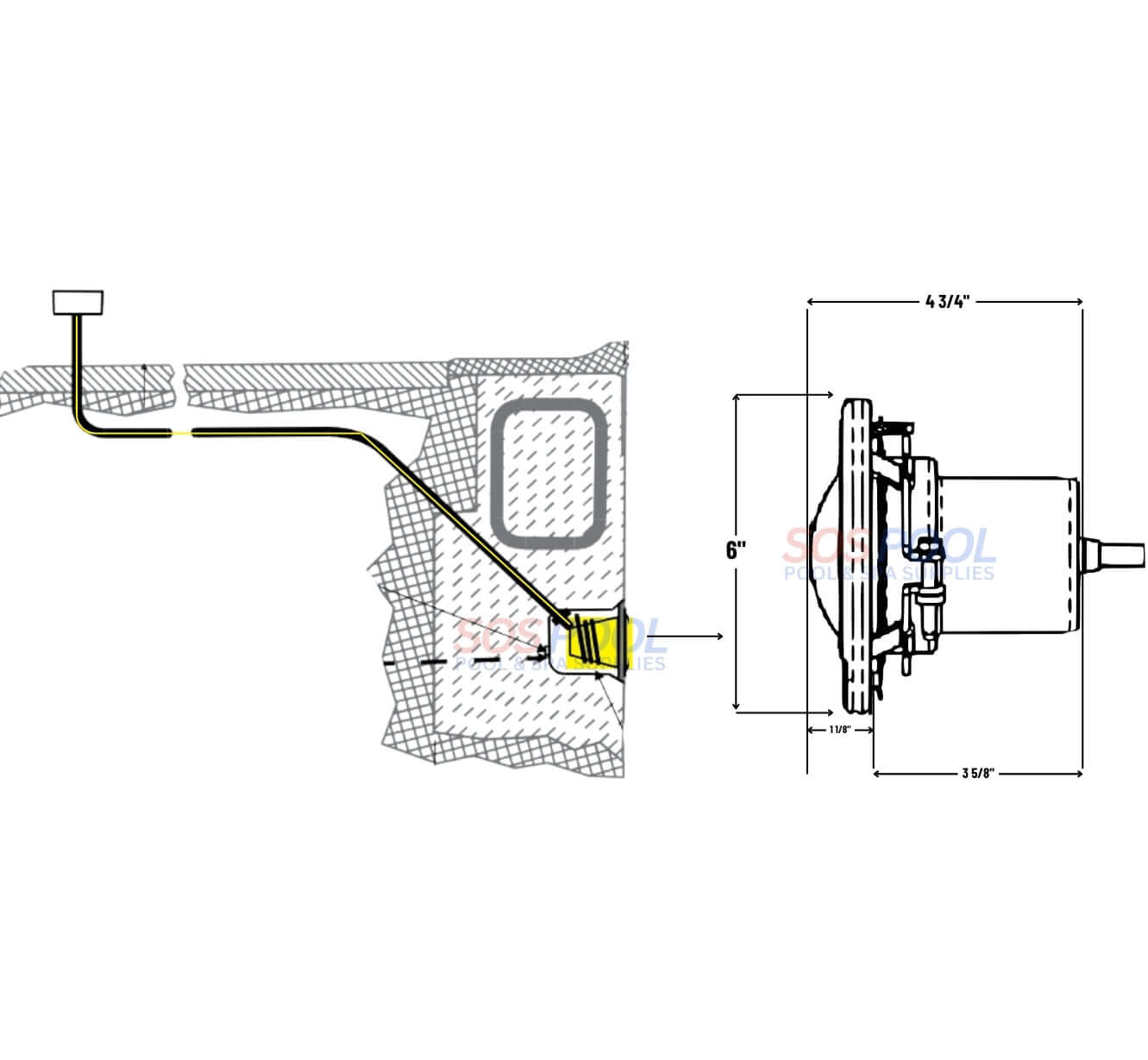 Diagram of Pentair Color LED Small Spa Light installation with dimensions, showcasing its features and design for SOS Pool.