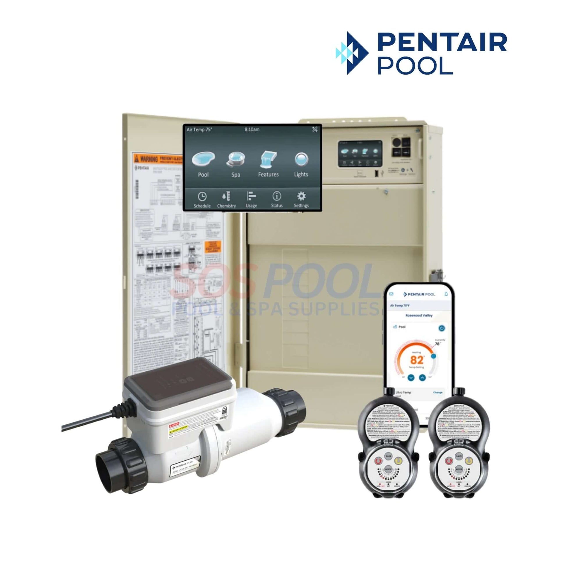 Pentair IntelliCenter i8PS Control System With ICL Plus40 | 523961, showing user interface, wireless control, and IntelliChlor system.