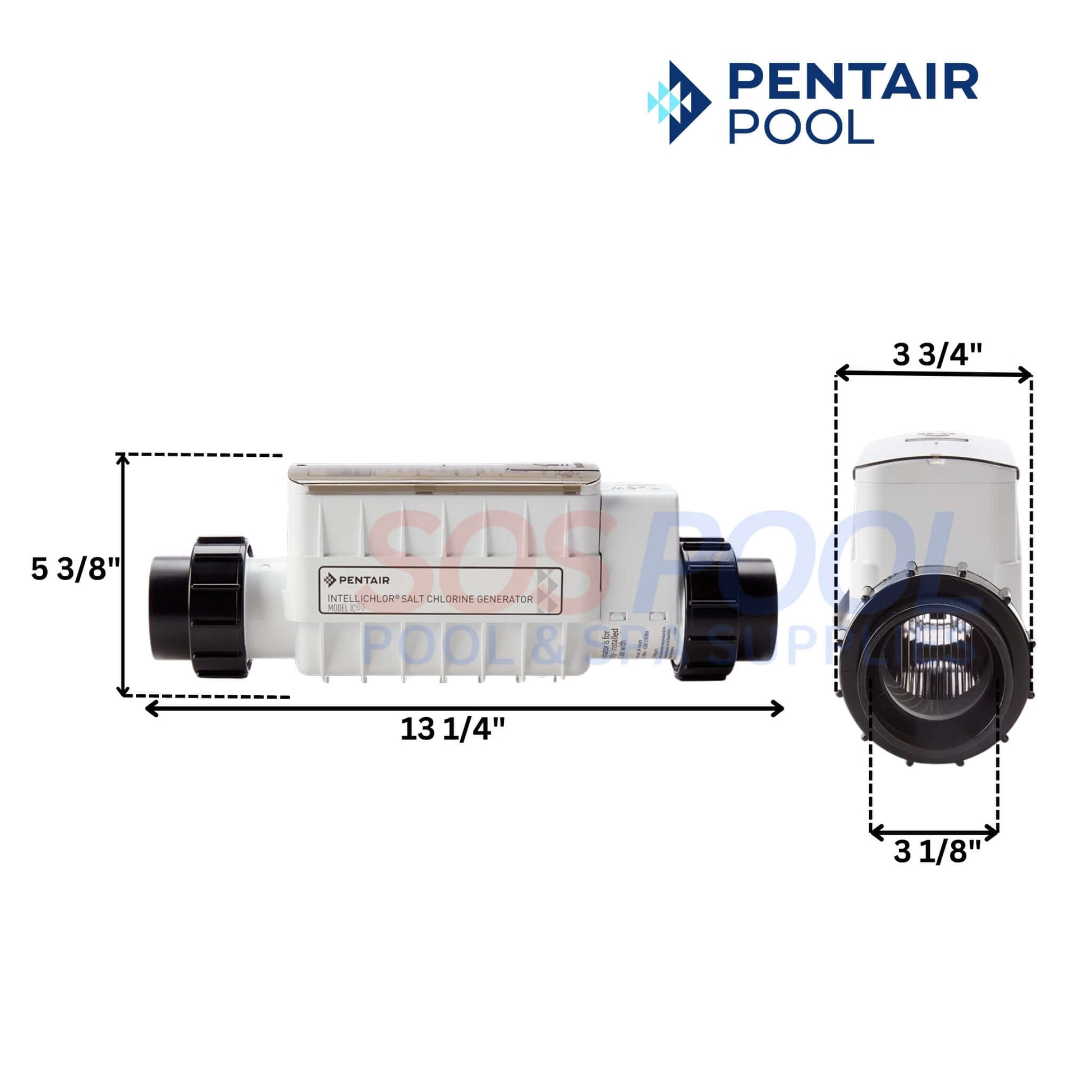 Pentair IntelliChlor IC60 Cell Salt Chlorine Generator EC-521105 by SOS Pool, dimensions shown, efficient pool sanitation.