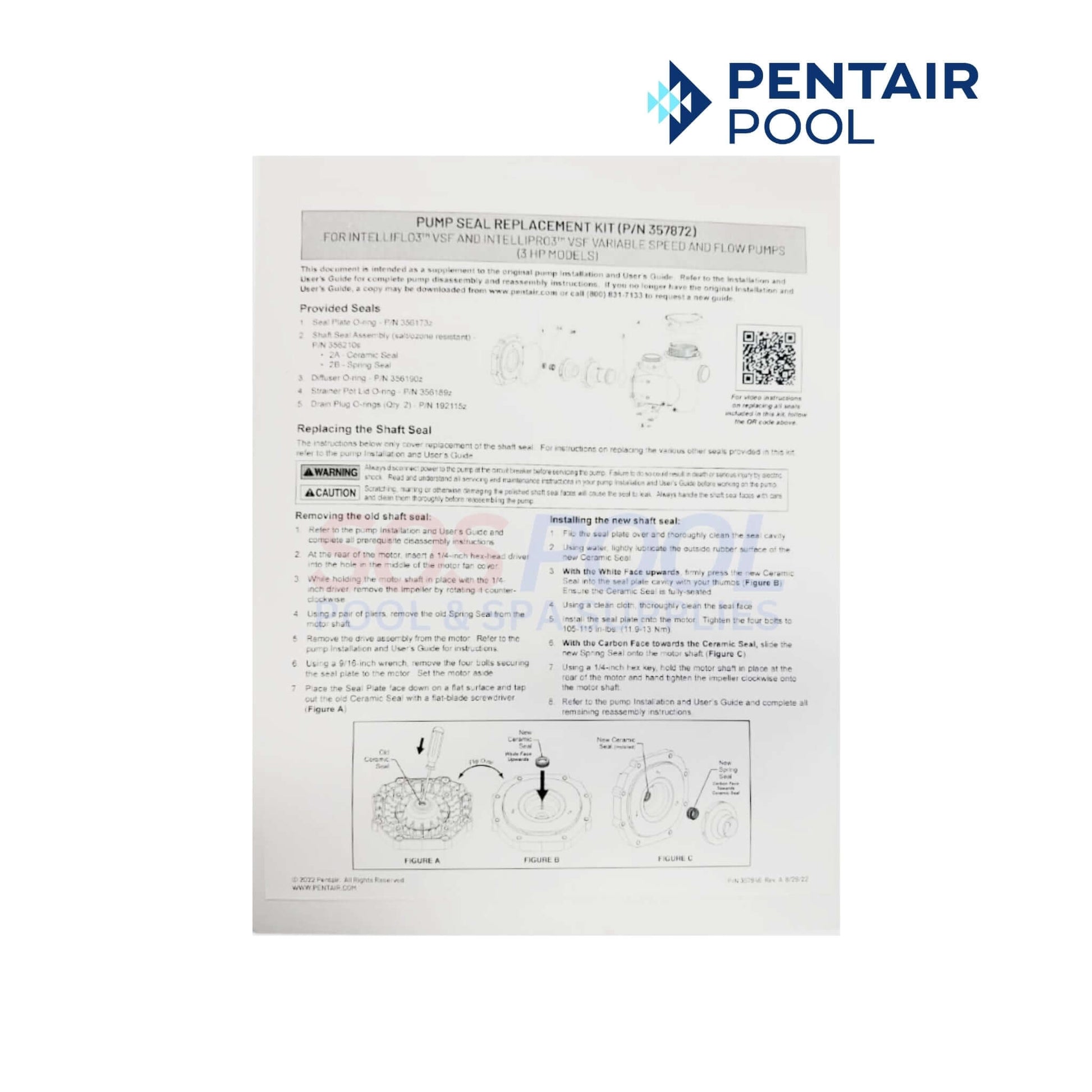 Pentair IntelliFlo3 Pump Seal Kit | 357872 installation instructions on a white paper with diagrams and text, SOS Pool branding.