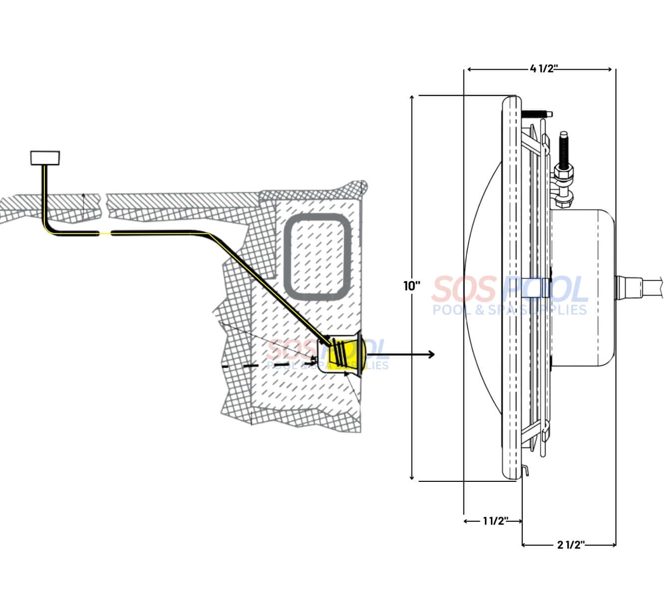 Diagram of Pentair LED Pool Light 5G IntelliBrite with dimensions for installation by SOS Pool.