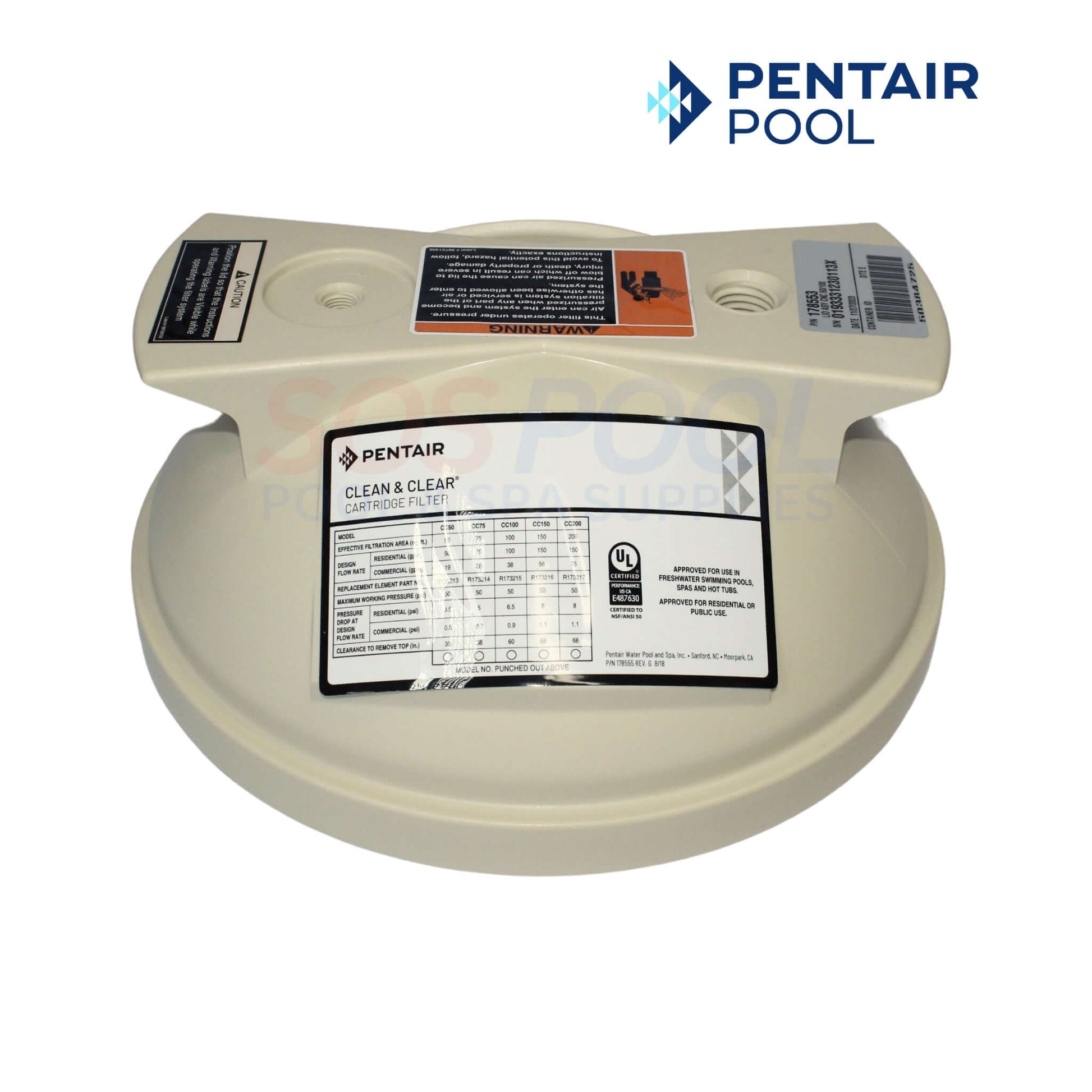 Pentair lid for Clean and Clear 50, 100, and 125 filters 178553, almond color, available at SOS Pool.