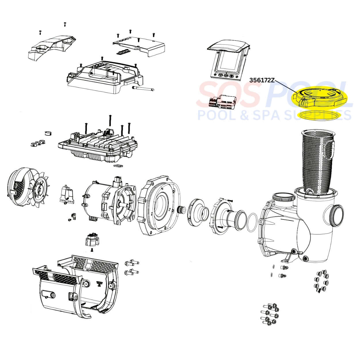 Exploded view of Pentair Lid and Locking Ring Assembly 356172Z for IntelliFlo3 Pumps at SOS Pool.