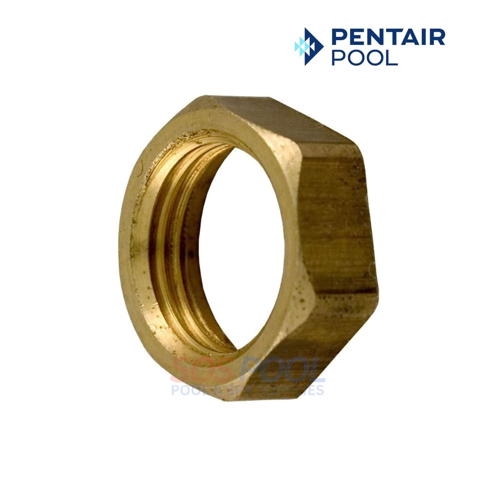 Pentair Purex CF Hex Nut | 071407 shown from above, brass color, robust design for secure fit in swimming pool filtration systems.