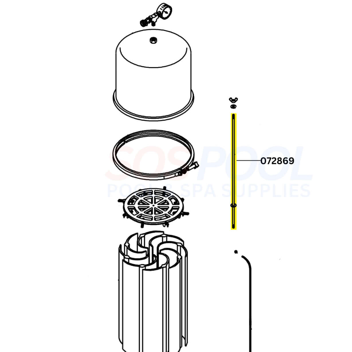 Pentair Purex Filter Rod Assembly parts diagram, 36 sq. ft Filter Tie Rod, SOS Pool, 072869, essential for pool filtration.
