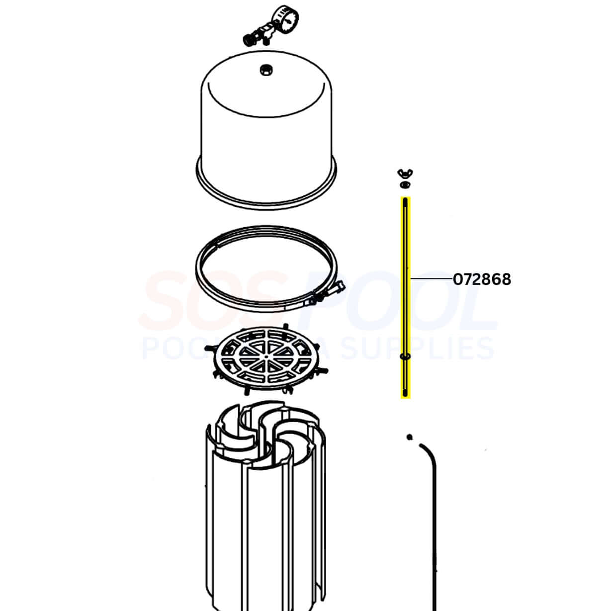 Pentair Purex Filter Rod Assembly parts, including 48 sq. ft. Filter Tie Rod, model 072868, essential for pool filtration.