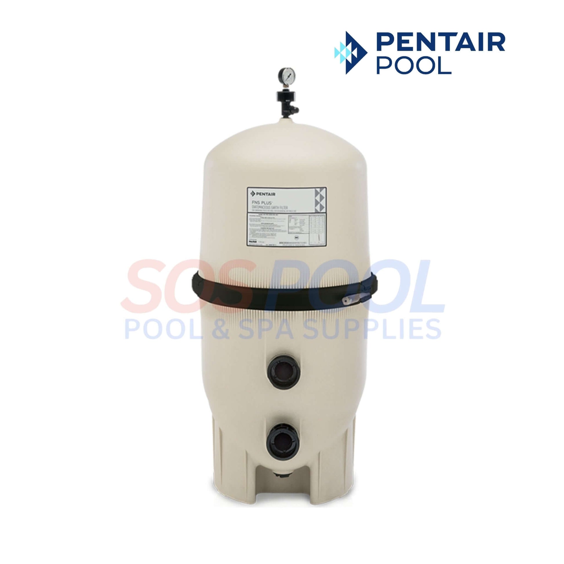 Pentair Quad DE 100 Sq Ft Cartridge Pool Filter | EC-188594 beige filter tank with pressure gauge for pool maintenance.