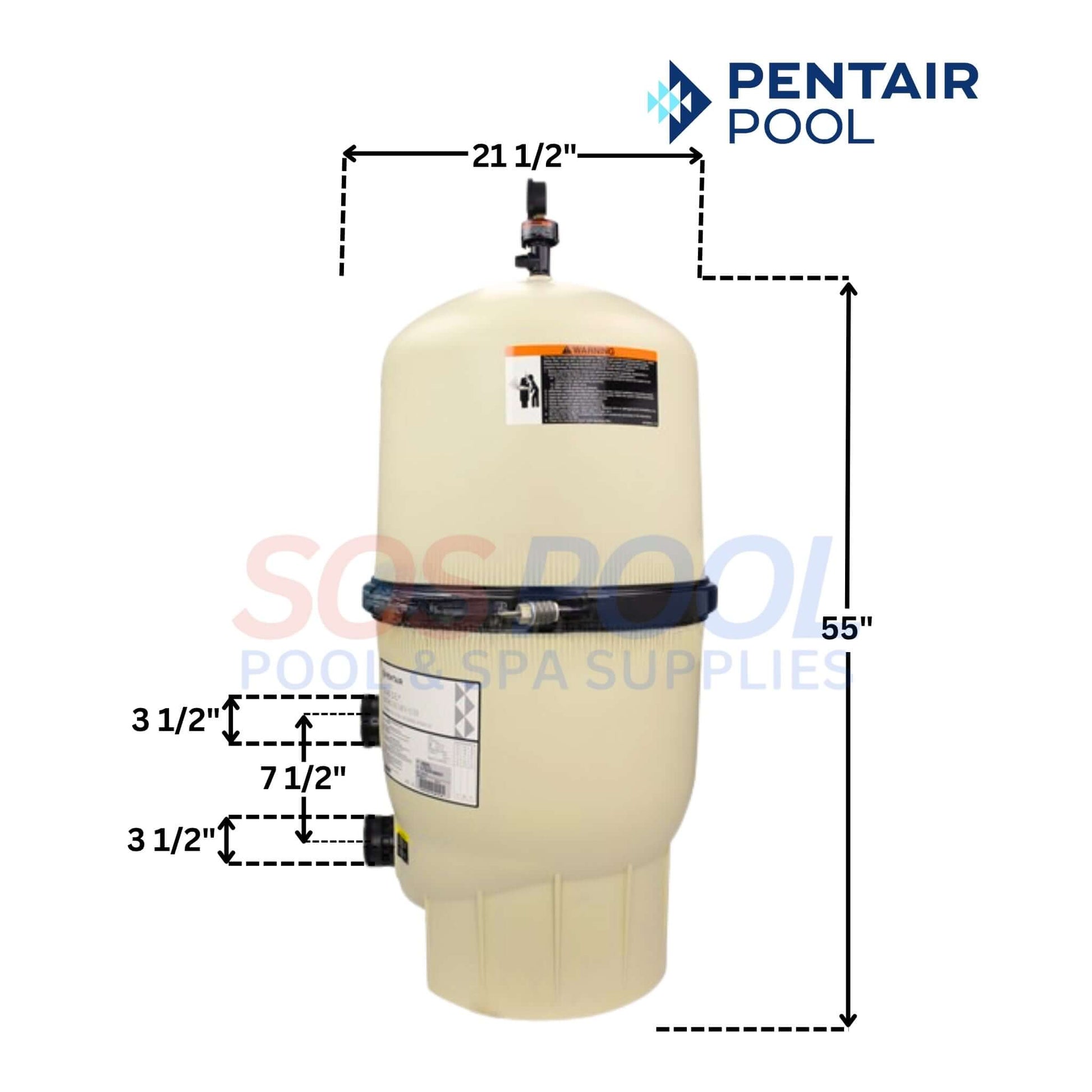Pentair Quad DE 100 Sq Ft Cartridge Pool Filter | EC-188594 dimensions and features, 55" height, 21.5" diameter, from SOS Pool supplies.