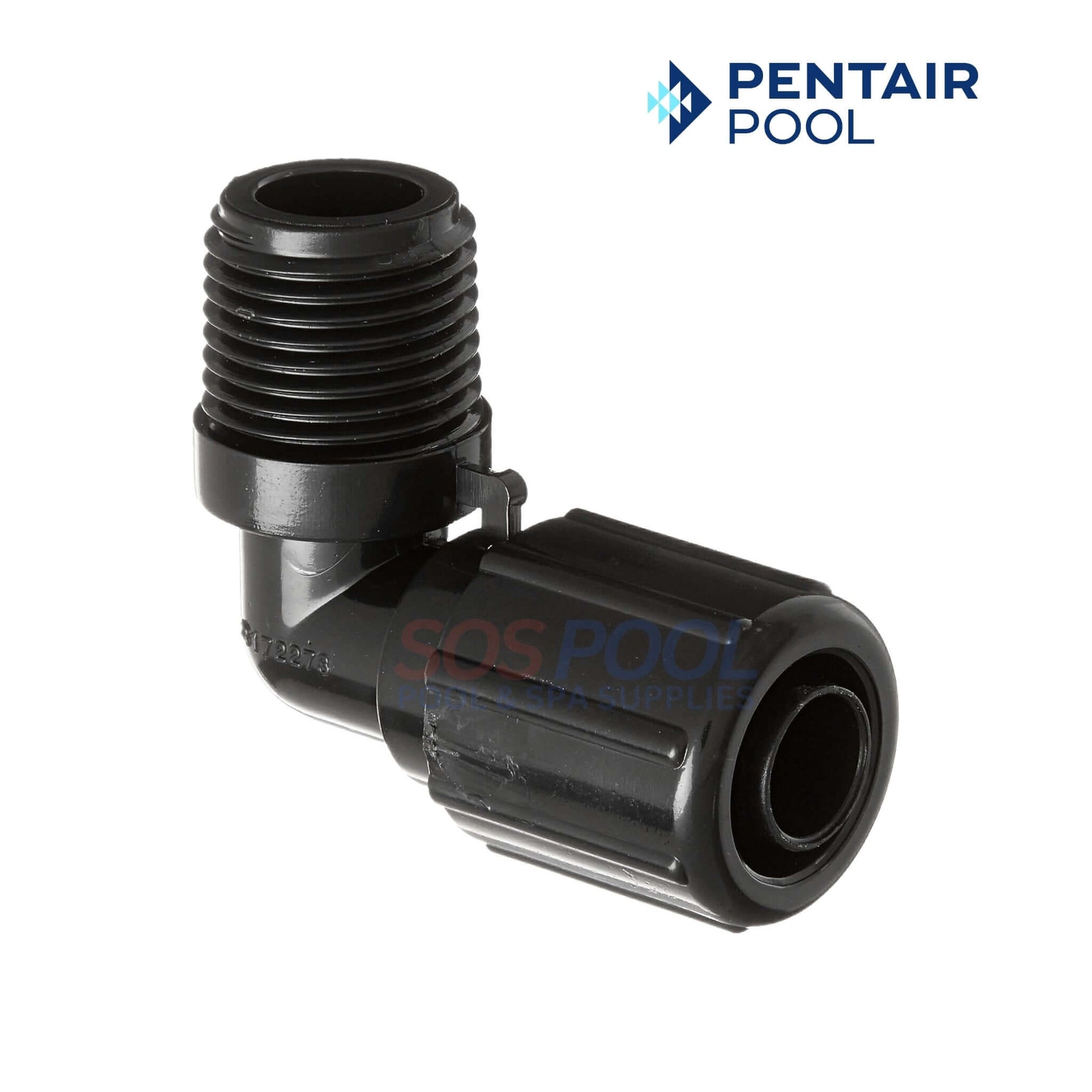 Pentair Rainbow Feeder 90° Elbow Tube With Nut | R172272 in black, used for plumbing in Rainbow feeders for swimming pools. SOS Pool supplies.