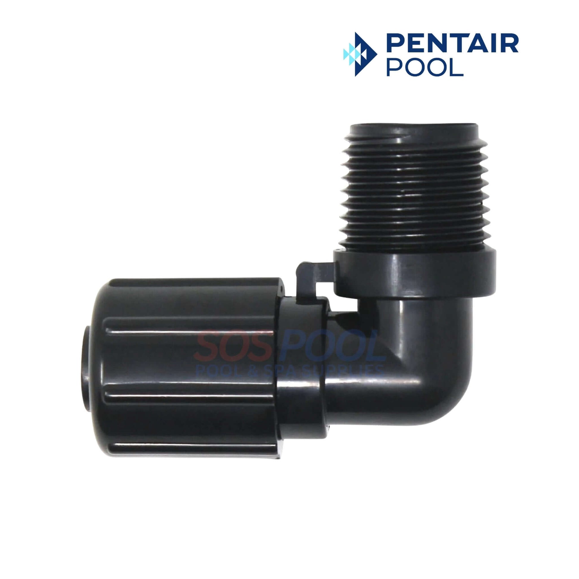 Pentair Rainbow Feeder 90° Elbow Tube With Nut | R172272, black plastic fitting for pool chemical feed plumbing, SOS Pool supplies.