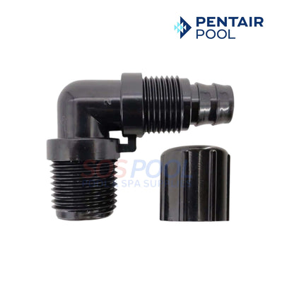Pentair Rainbow Feeder 90° Elbow Tube With Nut | R172272 in black showing threaded fitting for pool supplies.