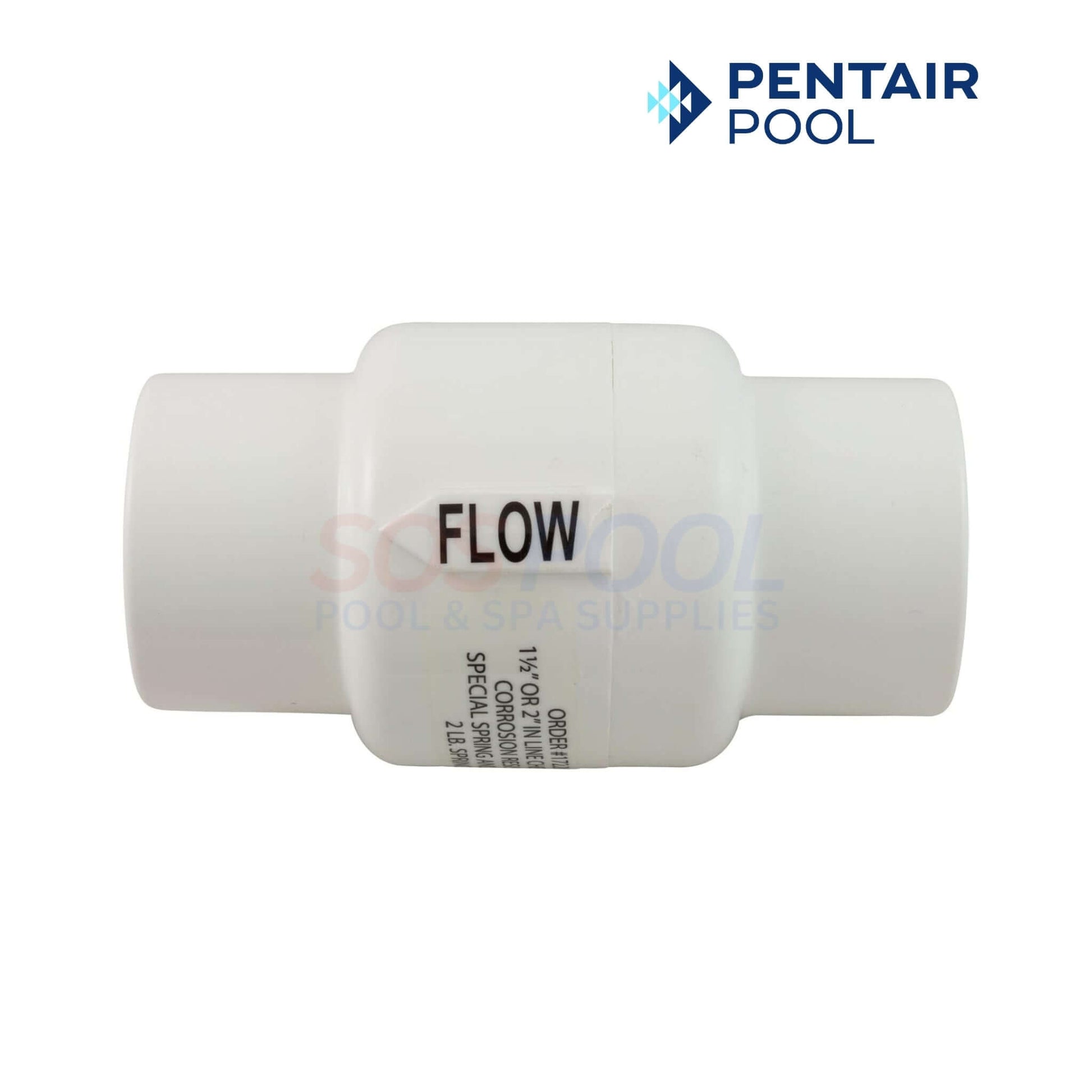 Pentair Rainbow Feeder Check Valve 1.5" - 2" | R172288 in white, showing 'FLOW' direction, used in chlorine feeder systems.