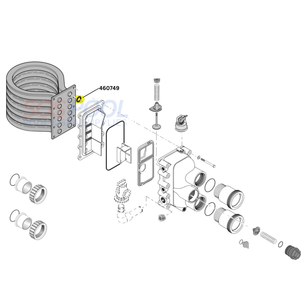 Pentair 460749 tube sheet coil sealing O-Ring Kit for MasterTemp 250 heaters, essential for pool maintenance.