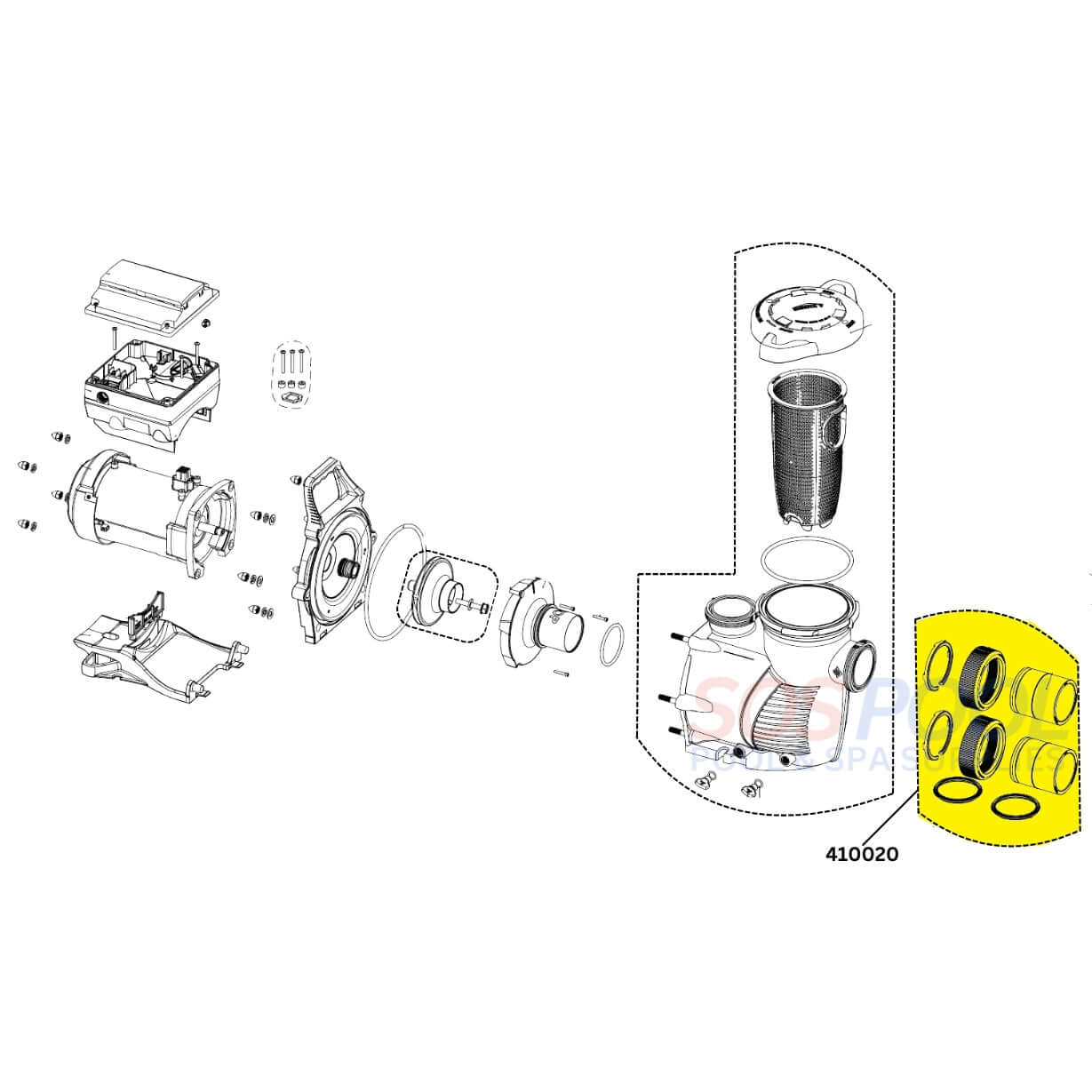 Pentair Union Kit 410020 diagram for WhisperfloXF and IntelliFloXF pumps, ensuring reliable connections for SOS Pool.
