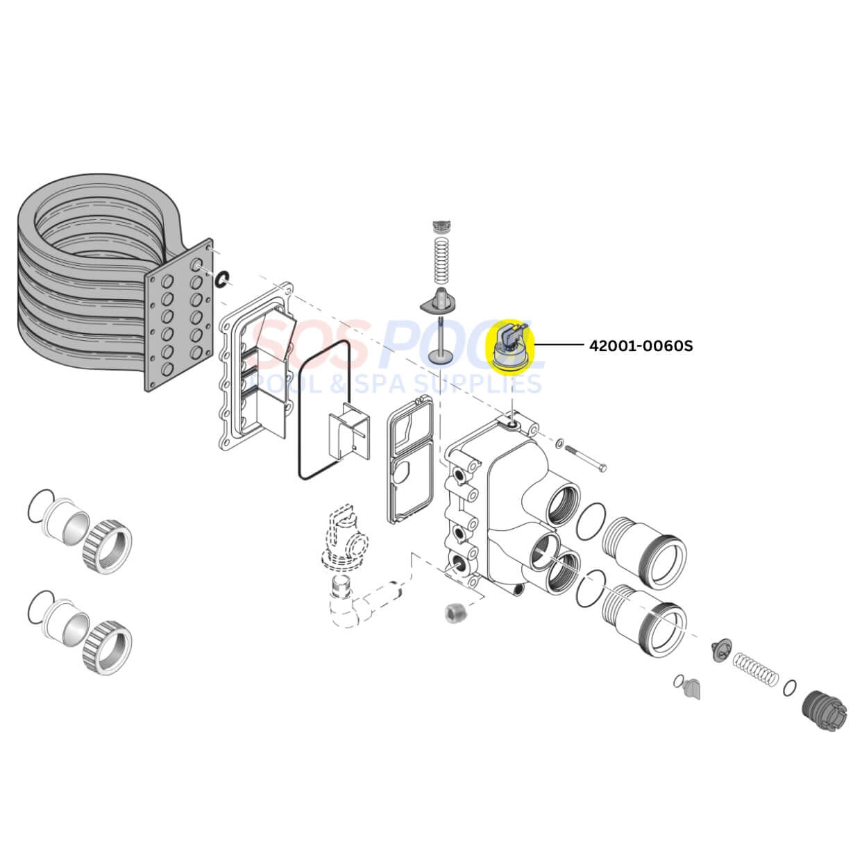 Diagram showing Pentair Water Pressure Switch 42001-0060S components for MasterTemp and Max-E-Therm heaters, SOS Pool.