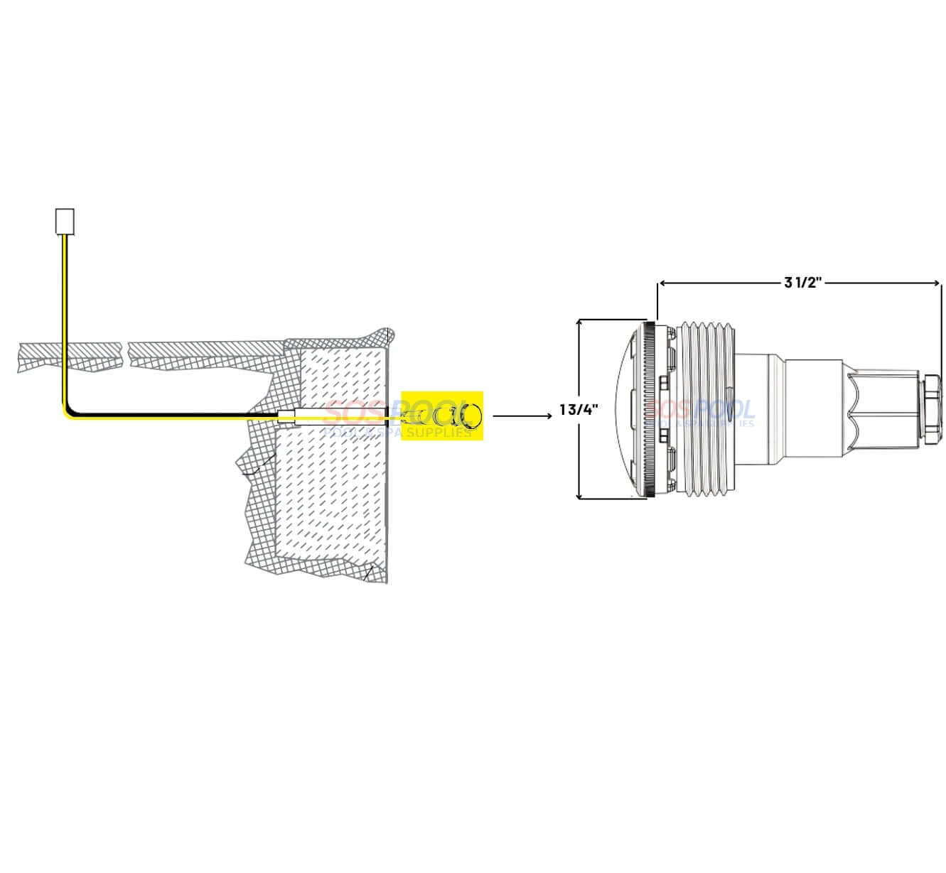 Diagram of Pentair MicroBrite Nicheless LED Spa Light installation with measurements for proper setup.