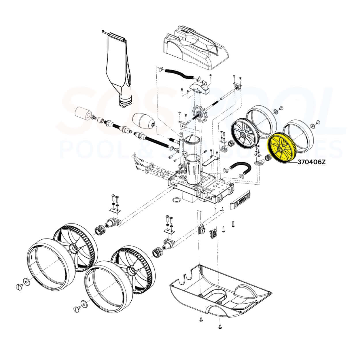 Pentair Wide Wheel 370406Z diagram for Kreepy Krauly Platinum Pool Cleaner, enhances performance for SOS Pool.