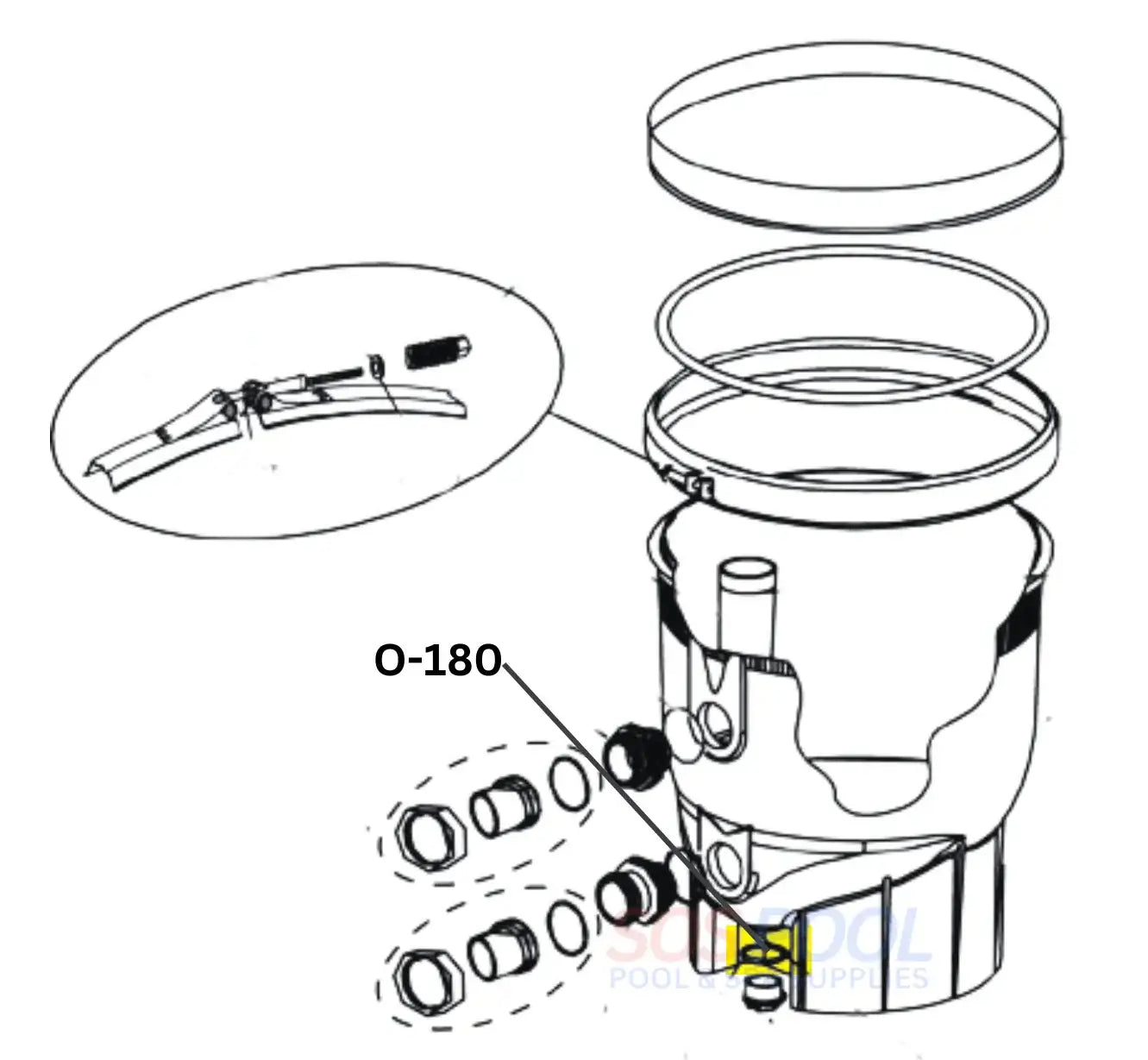Pentair Clean and Clear Plus Bulkhead Union O-Ring O-180 diagram, essential for ensuring watertight seal in SOS Pool filtration.