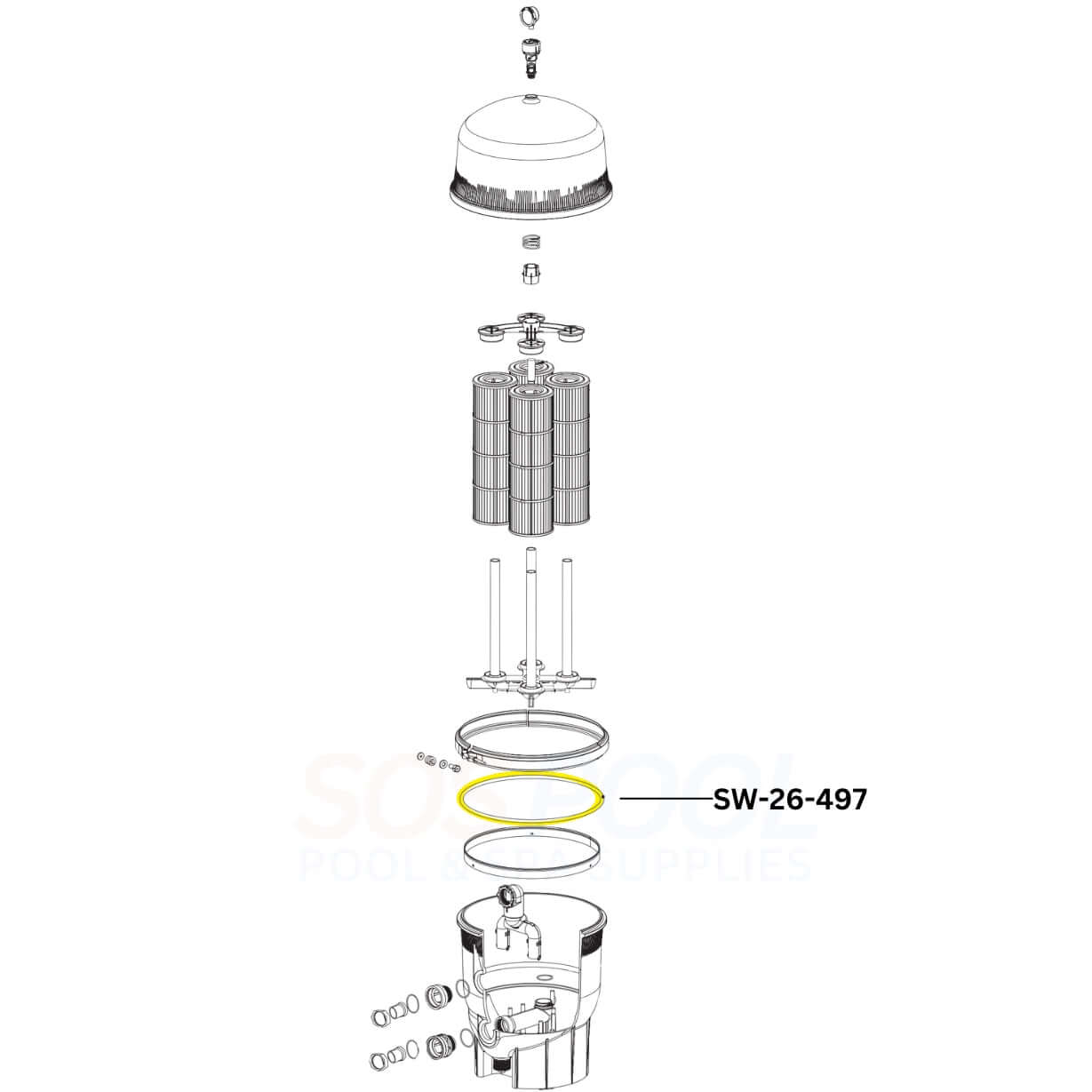 Pentair FNS Plus Filter Tank O-Ring assembly diagram with SW-26-497 highlighted for SOS Pool products.
