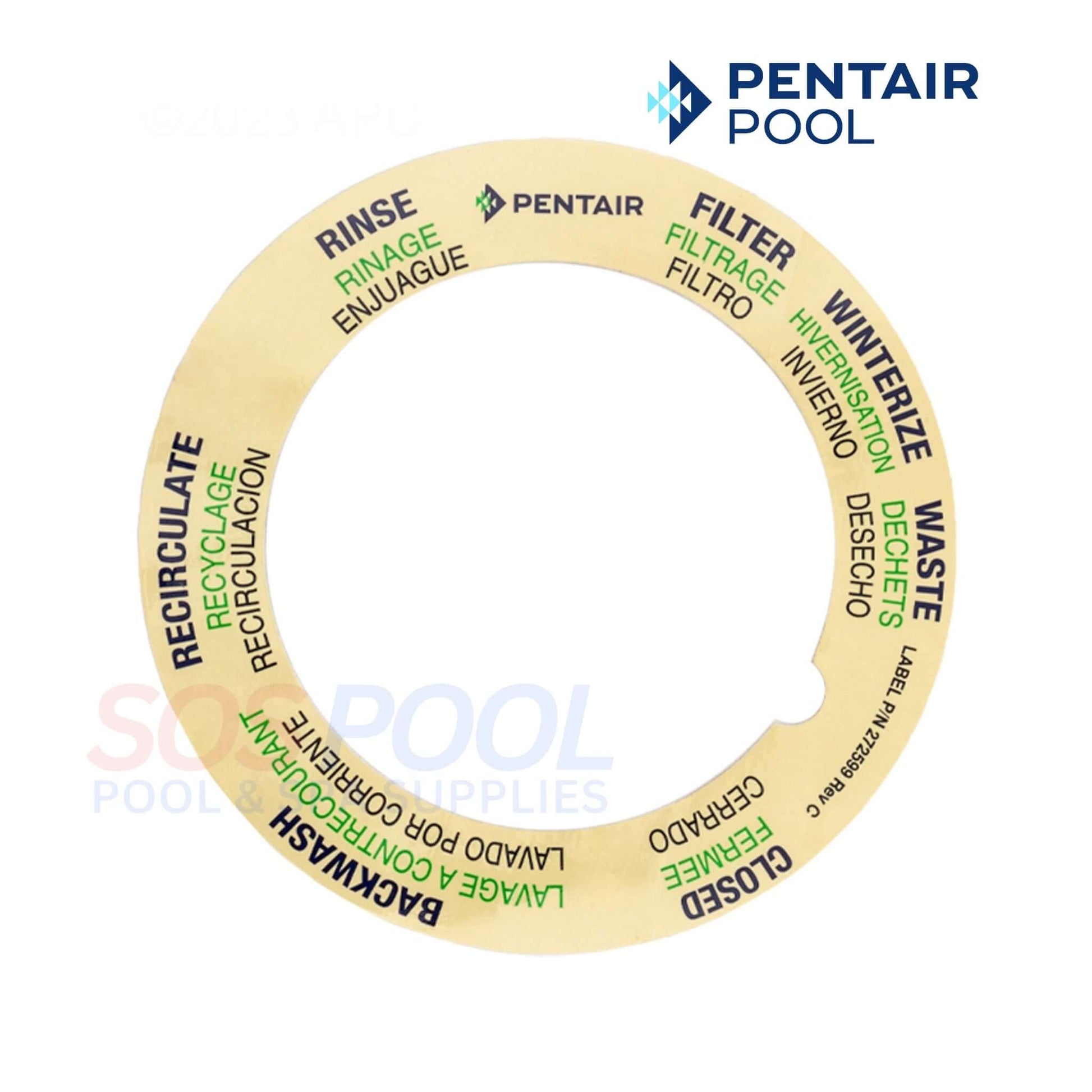 Pentair Top Mount Valve Label 272599Z, durable decal for Tagelus sand filter, displays valve settings, perfect for SOS pool supplies.