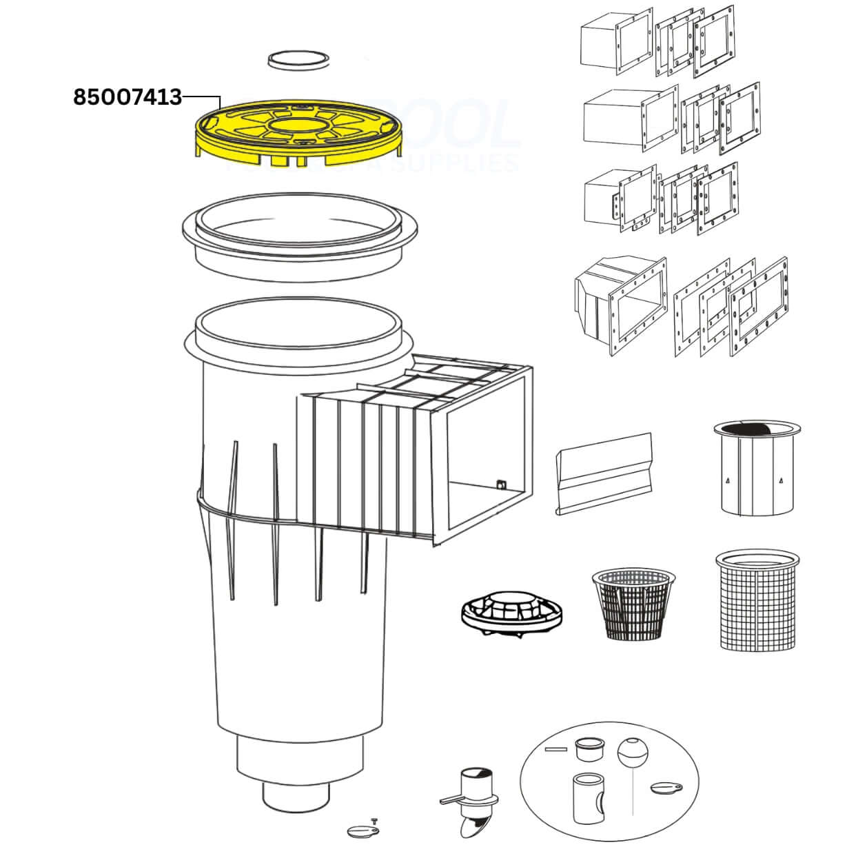 Pentair 85007413 Gray Lock Down Lid for Admiral Skimmers, secure cover for SOS Pool filtration systems.