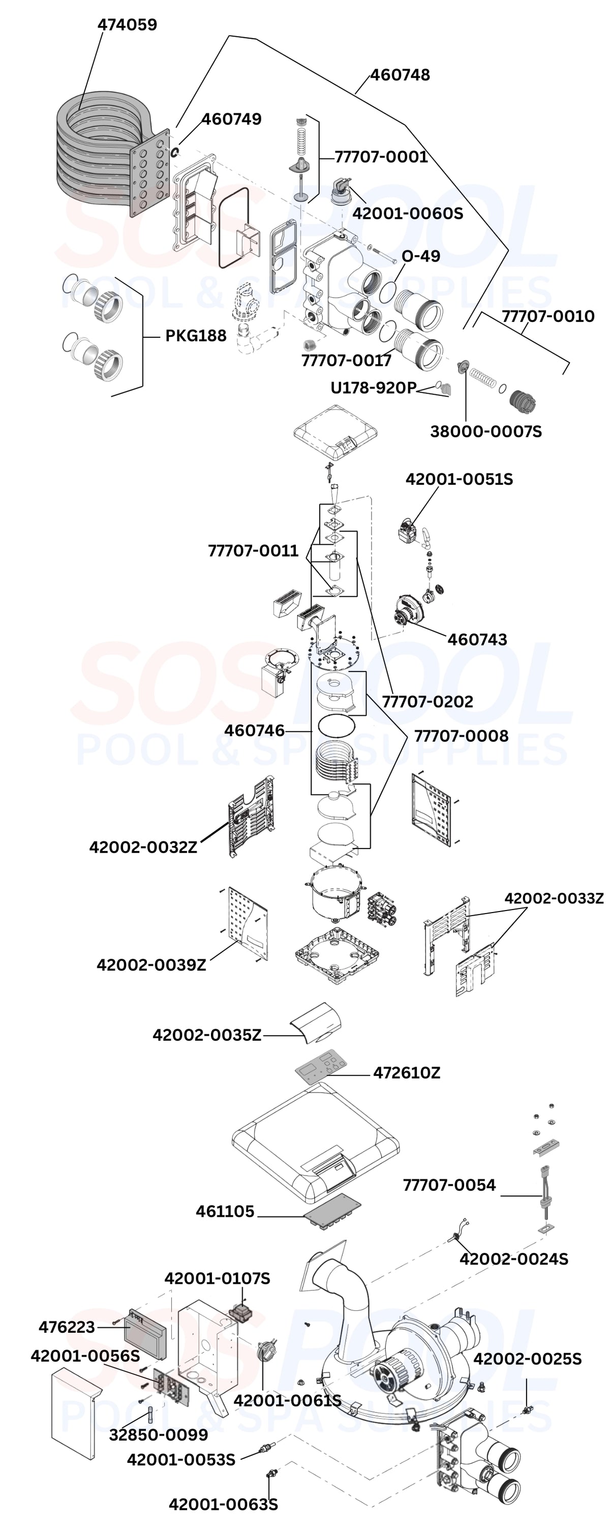 Pentair MasterTemp 250 460732 Heater Diagram & Part List