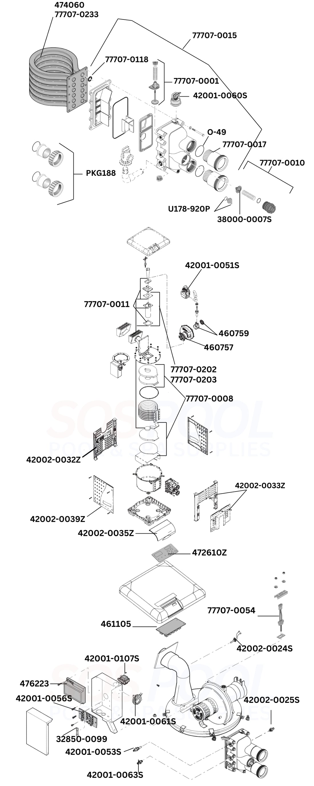 Pentair MasterTemp 300 460734 Heater Diagram & Part List