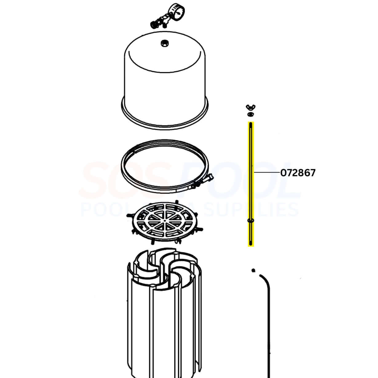 Pentair Purex Filter Rod Assembly parts diagram, including 60 sq. ft Filter Tie Rod 072867 | SOS Pool Supplies.