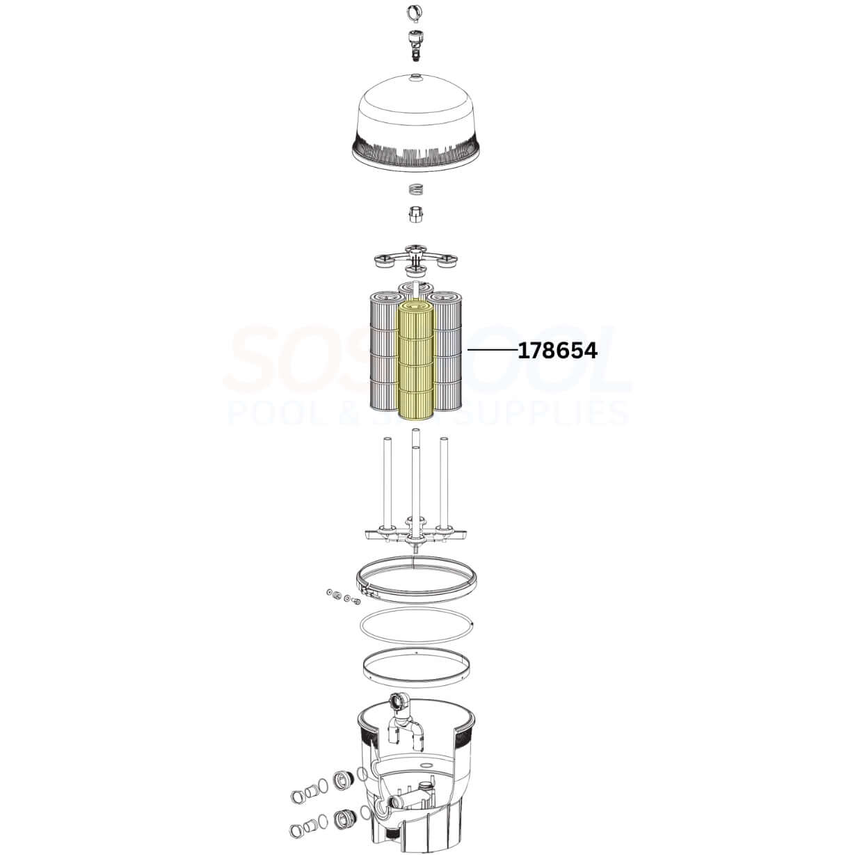 Pentair Quad DE 60 Filter Cartridge assembly diagram 178654 for SOS Pool supplies, showing parts and layout.
