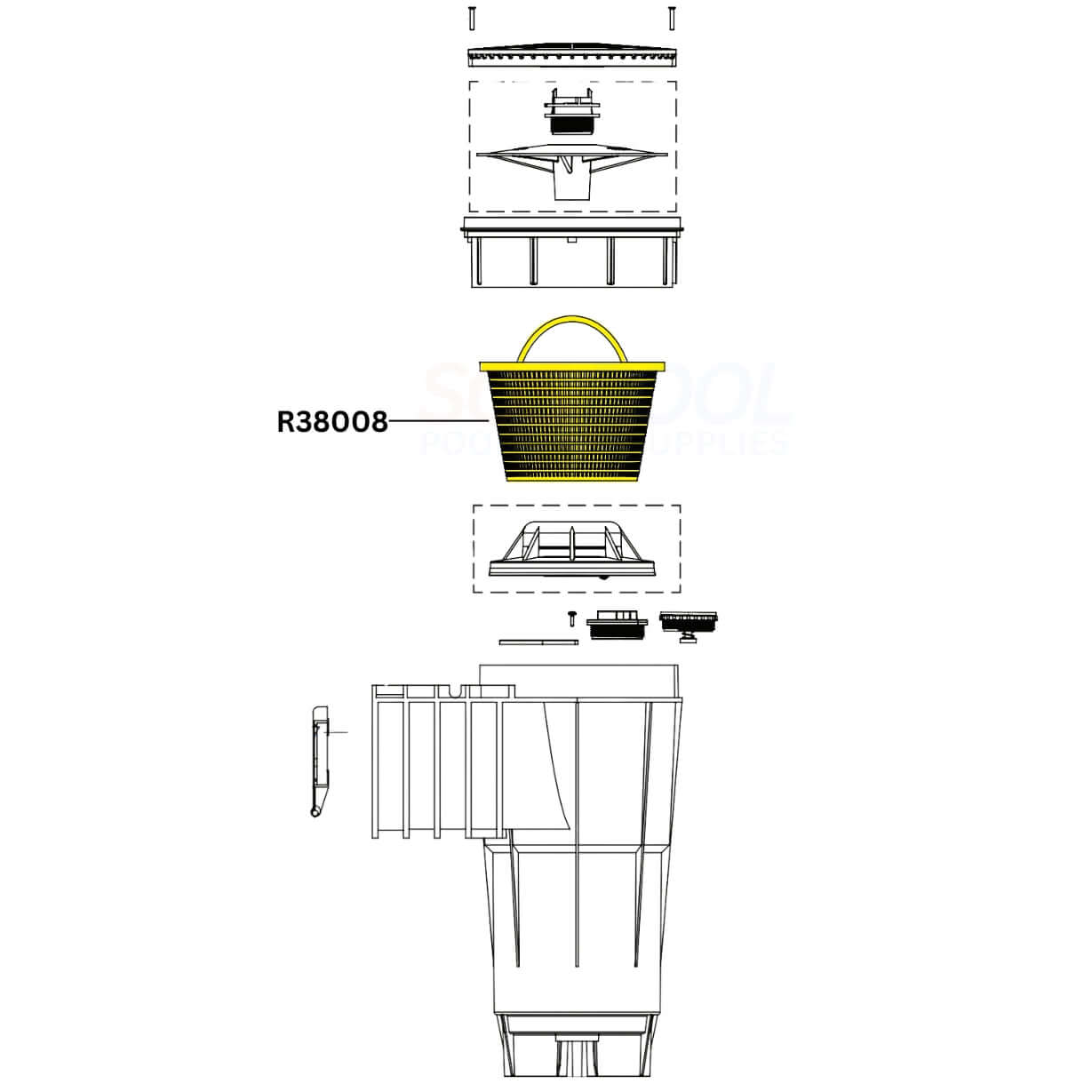 Pentair Skimmer Basket R38008 diagram, compatible with Bermuda U-3, B-9, SwimQuip, SOS Pool, maintaining pool circulation.