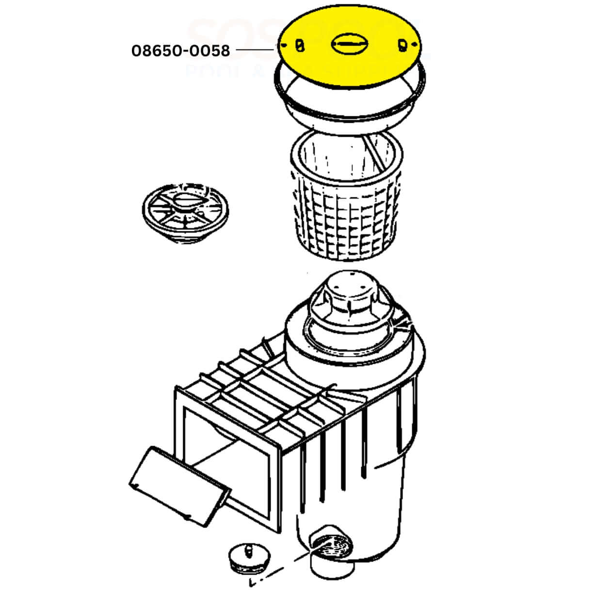 Diagram of Pentair Skimmer Lid 08650-0058 for Sta-Rite U-3 skimmers, featuring SOS Pool replacement parts.