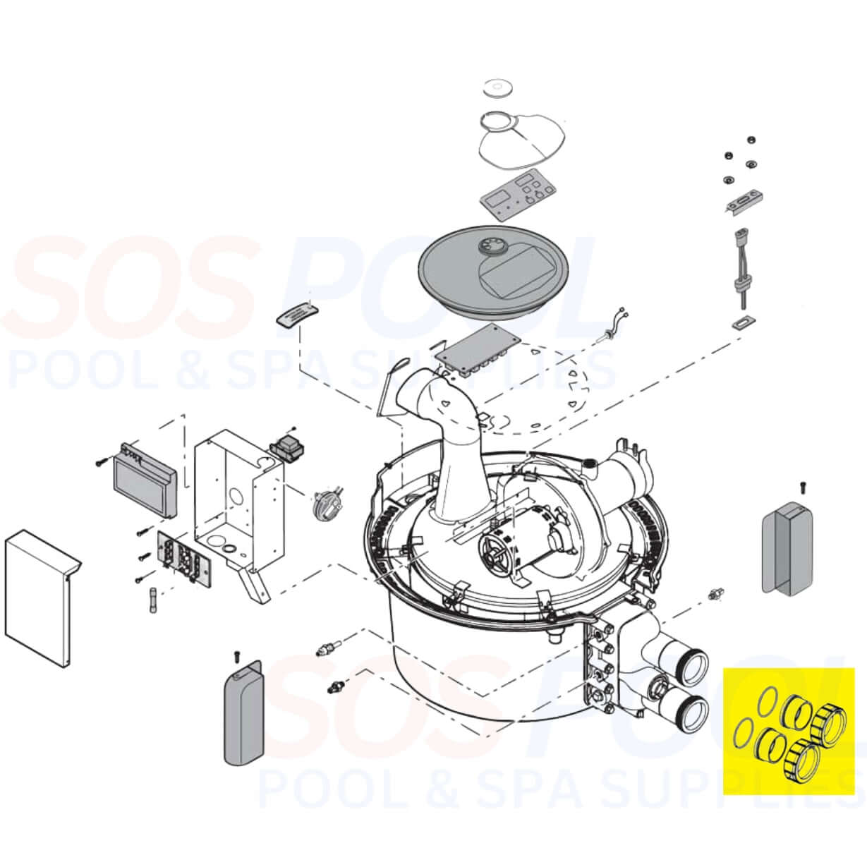 Exploded view diagram of Pentair Max-E-Therm heater components for SOS Pool and Spa Supplies.