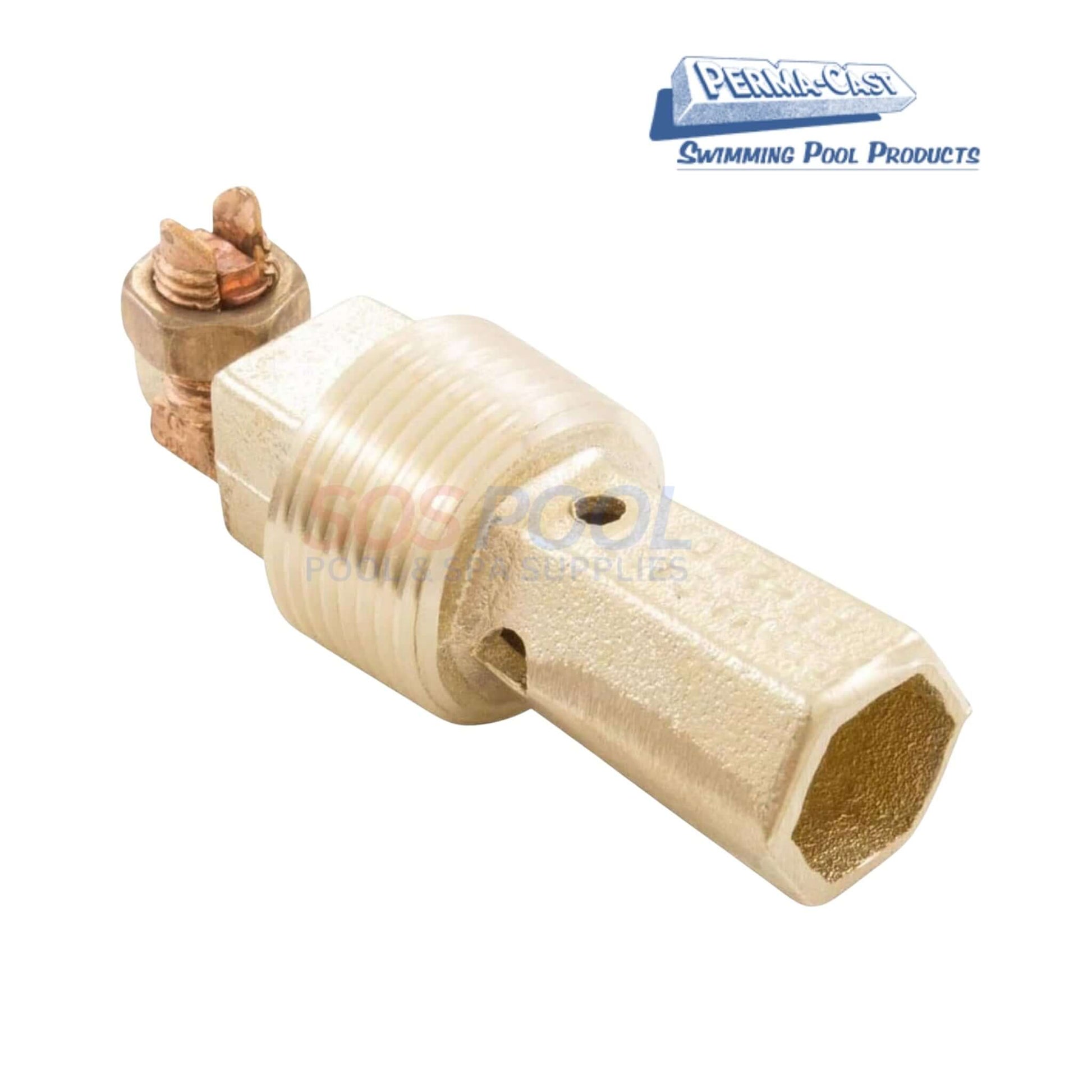 Perma-Cast Water Bonding Fitting | PB-2008 in gold, 1 inch NPT, used for bonding pool water with SOS Pool supplies.