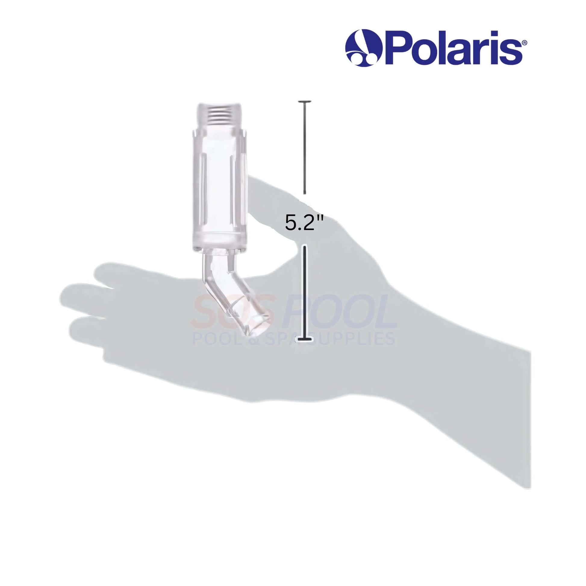 Polaris D31 Hose Barb Strainer Housing, 5.2 inches long, shown in hand context for size. Clear plastic for debris filtration in pool. SOS Pool.