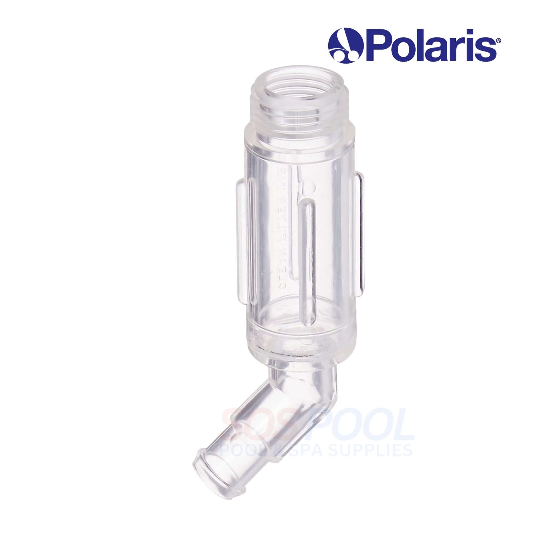 Polaris D31 Hose Barb Strainer Housing in clear plastic for 180 suction-side pool cleaners, essential swimming pool part from SOS Pool.