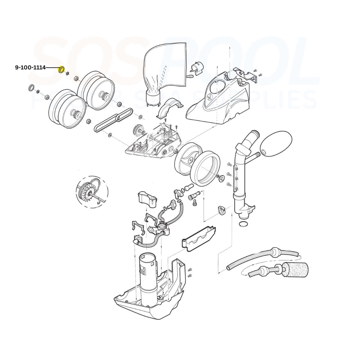 Diagram of Polaris Hub Cap 9-100-1114 showing parts for 360 and 380 Cleaners. SOS Pool Supplies.