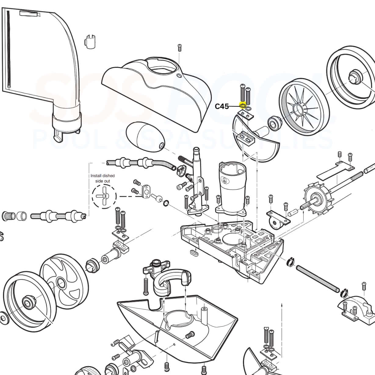 Diagram of Polaris Lock Washers C45 for Vac-Sweep 180 and 280 cleaners by SOS Pool, showing assembly parts.