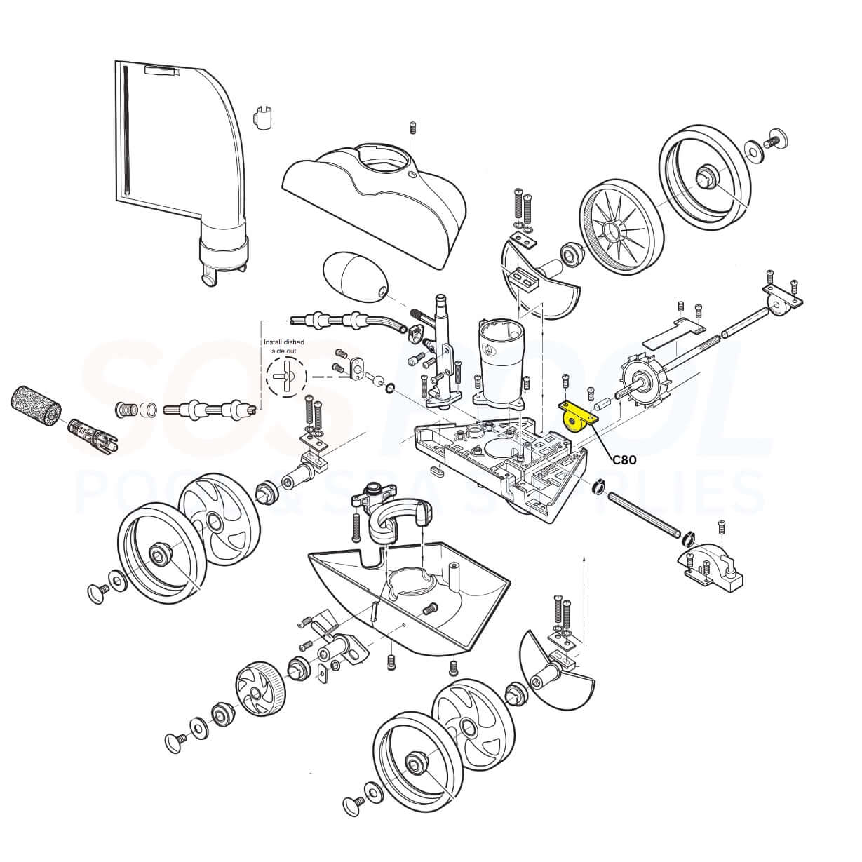 Exploded view diagram of Polaris Vac-Sweep 180 and 280 parts, including C80 Turbine Ball Bearing, SOS Pool.