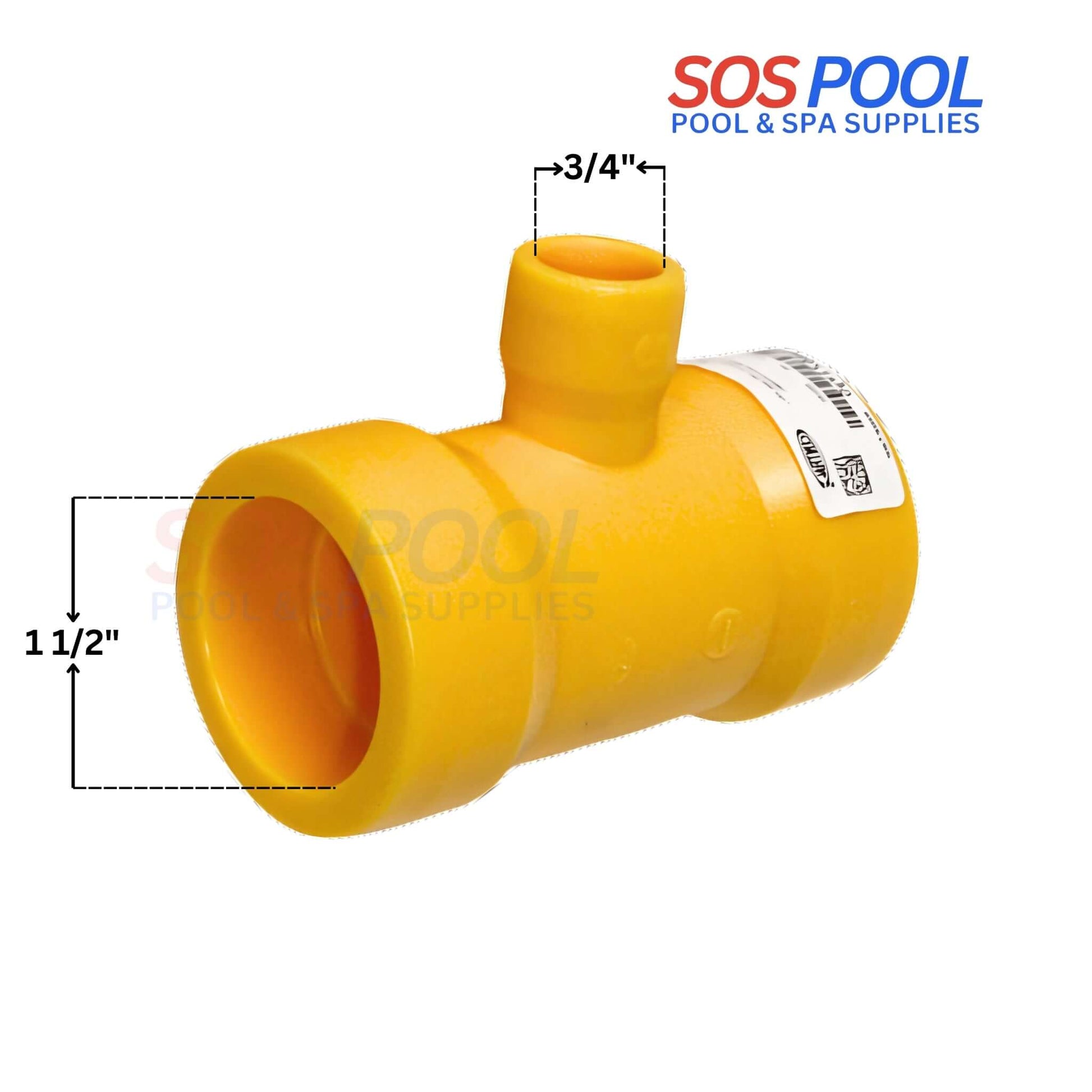 Poly Reducer Fusion Tee in yellow, 1.5" x 1.5" x 3/4", ideal for gas distribution. SKU: SOS Pool.