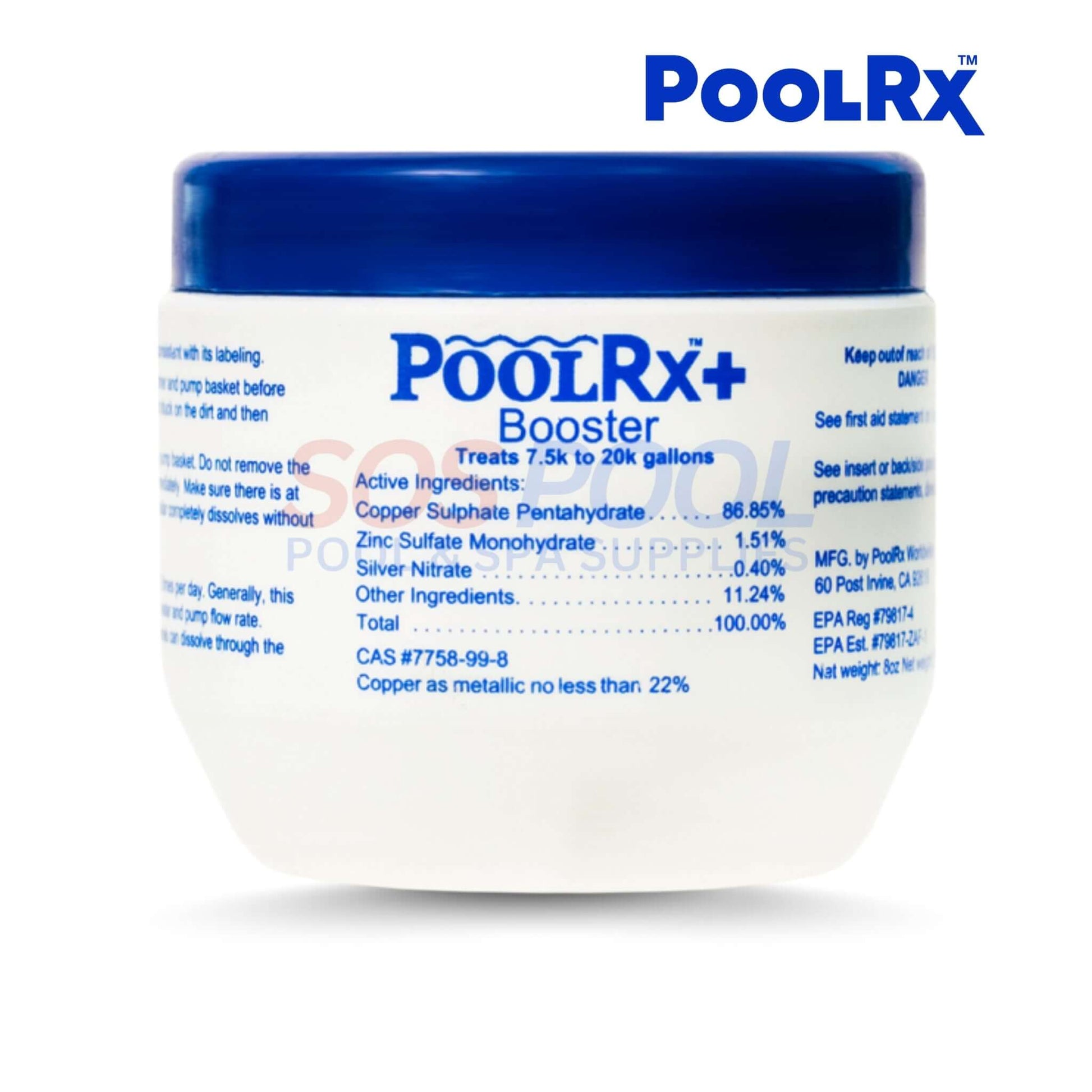 PoolRX+ Booster product for pools 7.5K-20K gallons, EPA registered, ideal for SOS Pool maintenance.