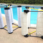 Pool Filter Buddy cleaning stand holding multiple filters by a pool, designed for ergonomic maintenance, SKU: SOS Pool