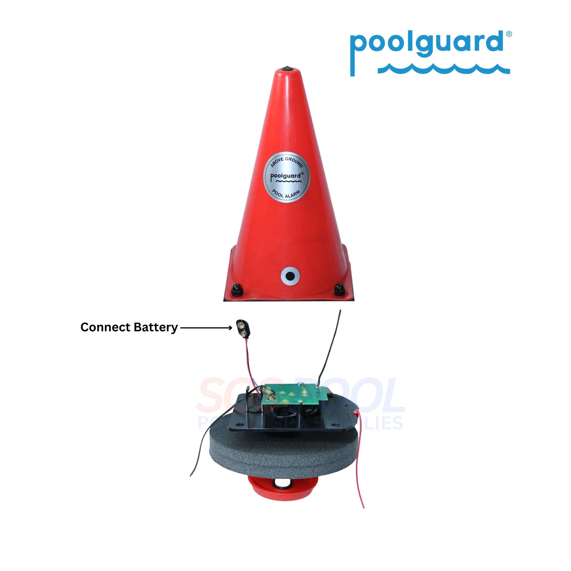 Poolguard Safety Buoy PGRM-SB showing battery connection, designed for SOS Pool safety with sub-surface detection.