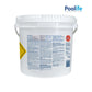 Poolife 3" Pool Cleaning Chlorine Tablets 25 lbs | 42116, shown in a white bucket, featuring safety instructions and logo.
