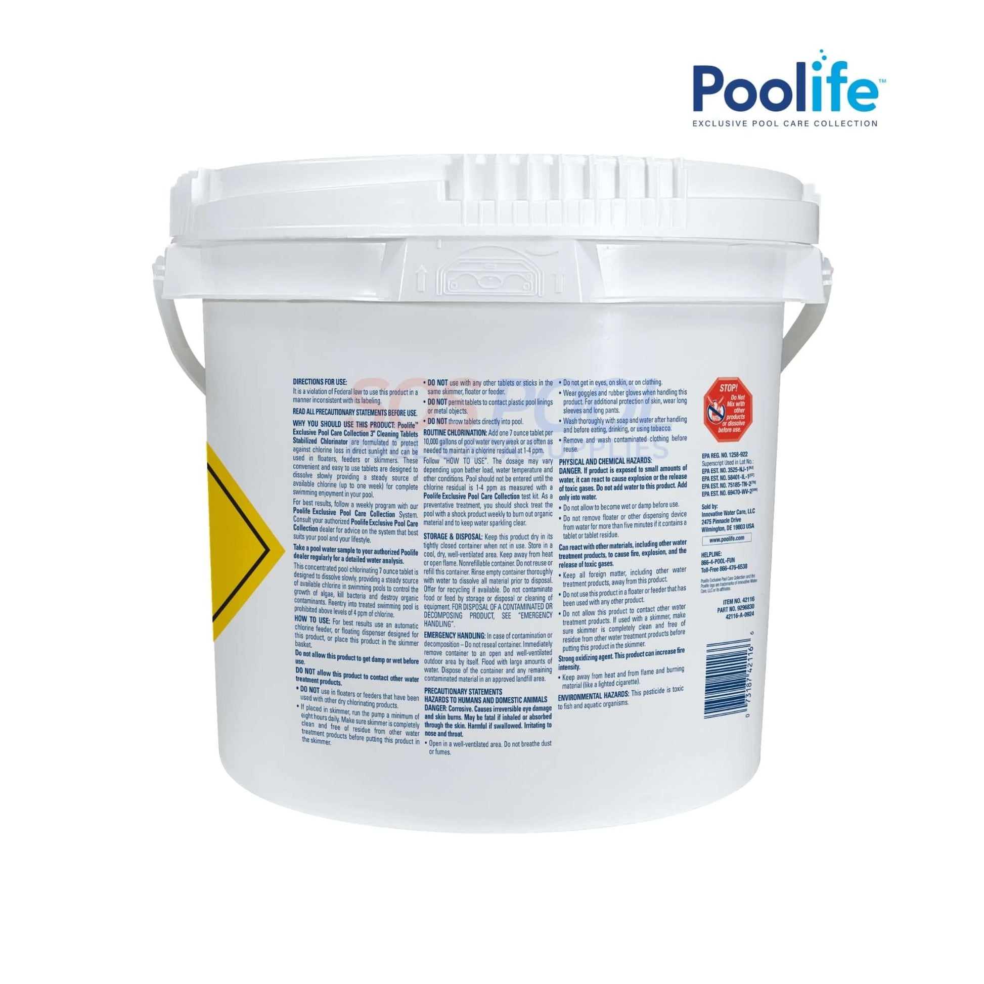 Poolife 3" Pool Cleaning Chlorine Tablets 25 lbs | 42116, shown in a white bucket, featuring safety instructions and logo.